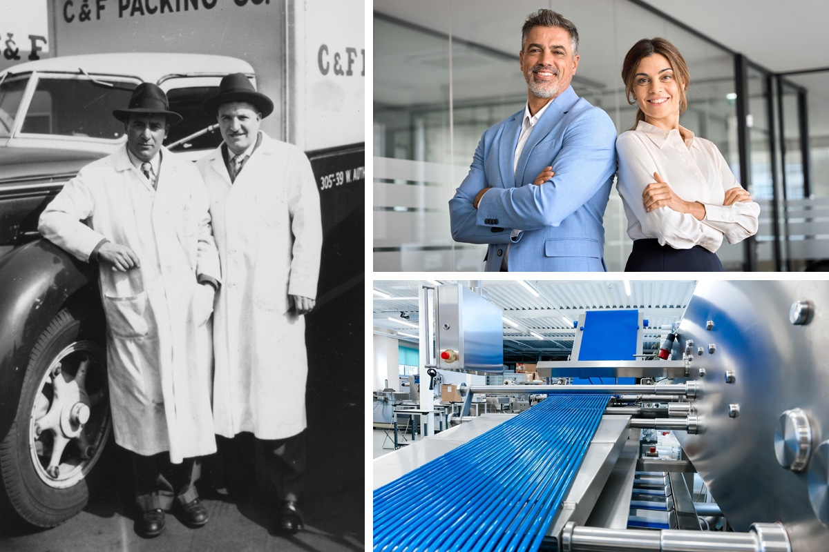 A collage showing the history and modern leadership of C&F Packing